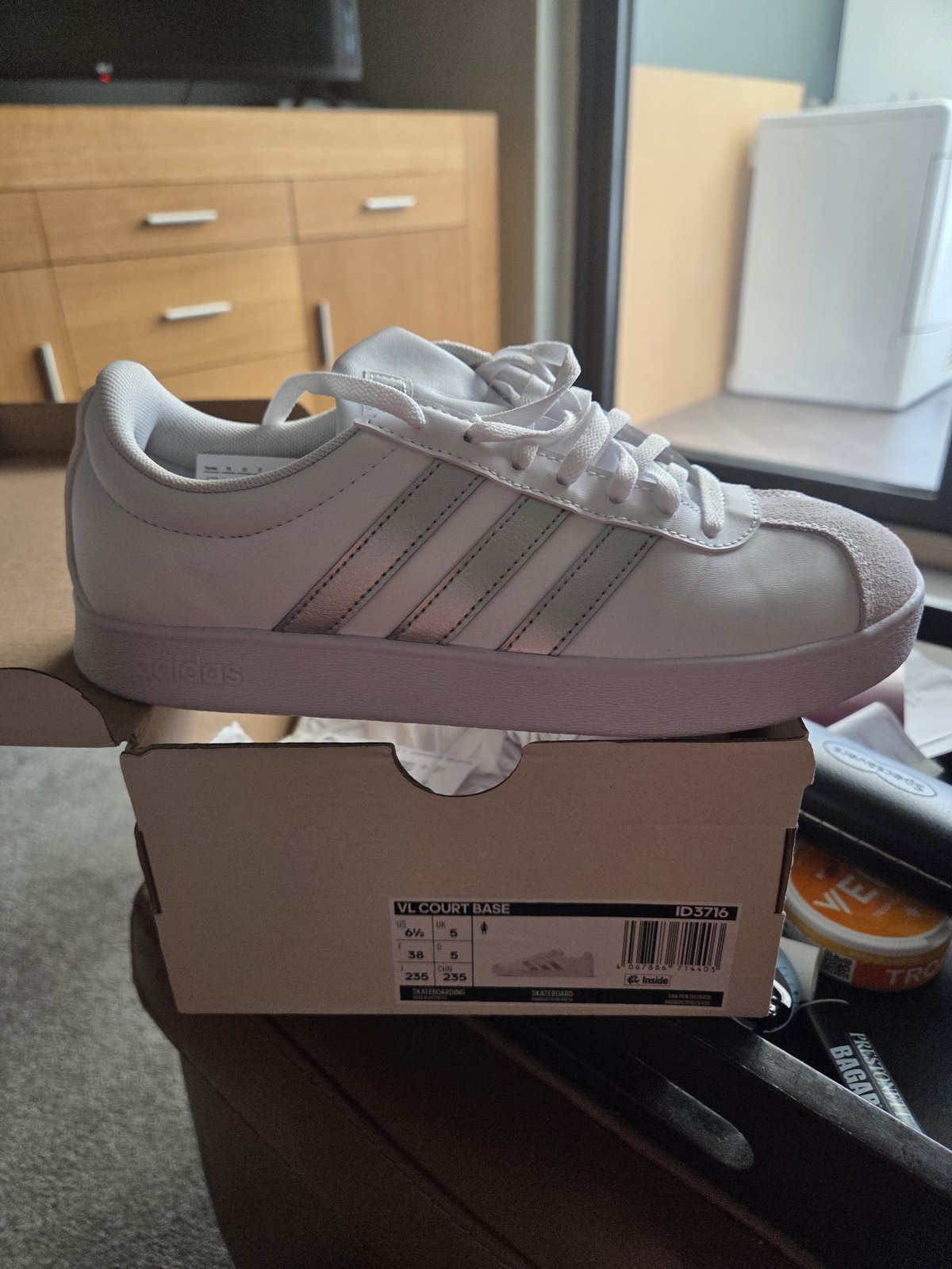 Adidas VL Court Base Sneakers, White with Metallic Silver Stripes, UK 5